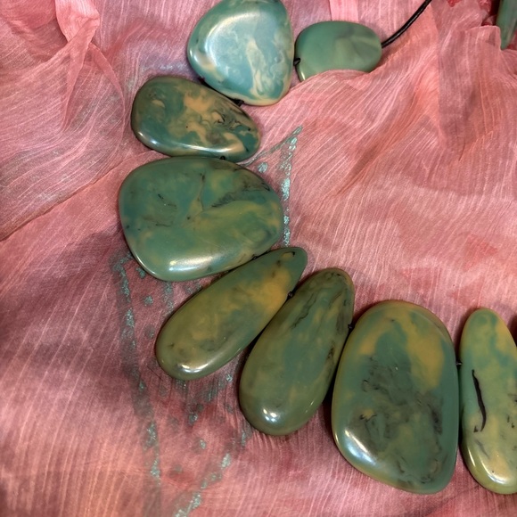 Runway village designer double sided swirl green yellow resin necklace. - Picture 3 of 4